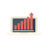 Laptop showing a growing bar chart and a red arrow pointing up vector