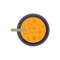 Bowl of soup seen from above with spoon resting on rim vector