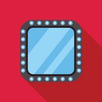 Square makeup mirror surrounded by light bulbs casting shadow on red background vector