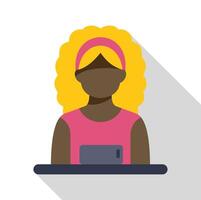 Young woman using mobile phone at desk with long shadow effect vector