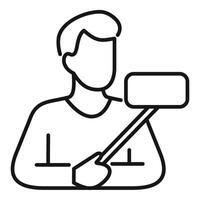 Blogger holding selfie stick with empty screen for mobile app icon vector