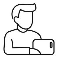Man holding smartphone outline icon, mobile phone user symbol vector