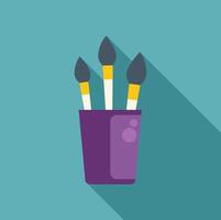 Three paintbrushes standing in a purple jar casting long shadow vector