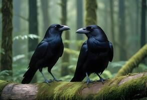 Two Intelligent Crows Observing from Tree Branch in Forest photo