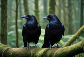 Two Intelligent Crows Observing from Tree Branch in Forest photo