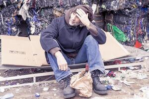 homeless man with a bottle of red wine in landfill photo