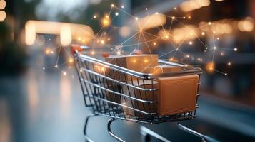A shopping cart filled with packages and connected with digital network holograms, representing online shopping and ecommerce concepts. photo