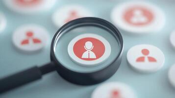 Magnifying glass focused on user icon, highlighting individual person concept among group. Representation of search, recruitment and selection. photo