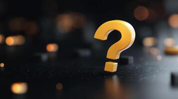 Close-up of a yellow question mark on a dark background, symbolizing curiosity, inquiry, and uncertainty with bokeh lights in the background. photo