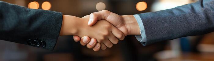 Close-up of two business people shaking hands, symbolizing successful partnership and collaboration in a professional setting. photo