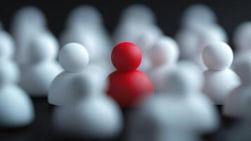 Red figure standing out among white figures, representing individuality and uniqueness in a crowd. Concept of leadership and differentiation. photo
