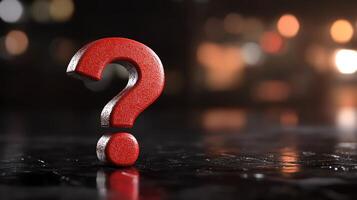 Red question mark symbol on a shiny dark surface with blurred lights background, representing inquiry, curiosity, and uncertainty. photo