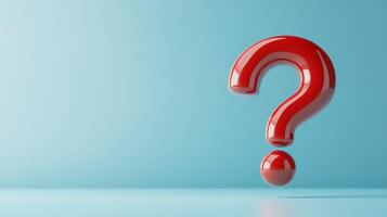 Red question mark on a light blue background, symbolizing curiosity, inquiry, uncertainty, and problem-solving. 3D illustration. photo