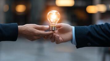 Two hands passing a glowing light bulb, symbolizing the transfer of ideas, innovation, and collaboration in a business or creative context. photo