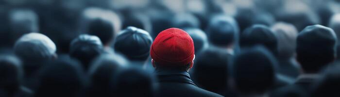 A person wearing a bright red hat stands out in a crowd of people, symbolizing individuality and uniqueness. photo