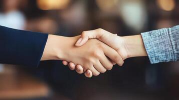 Close-up of two people shaking hands in a professional setting, symbolizing agreement, partnership, and business success. photo