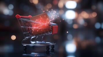 Shopping cart with red network graphics representing online shopping, e-commerce, and digital retail on a blurred background. photo
