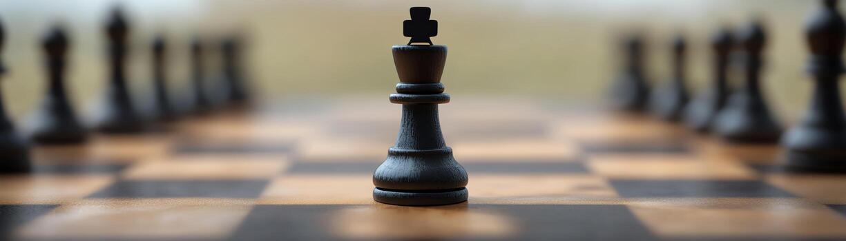 Close-up of a black king chess piece on a chessboard with blurred background, representing strategy and focus in the game of chess. photo