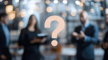 Blurred business professionals in a modern office setting with a question mark symbolizing uncertainty or inquiry. photo