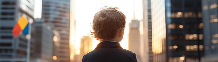 A child in a suit looking at the city skyline during sunset, symbolizing future potential and urban exploration. photo