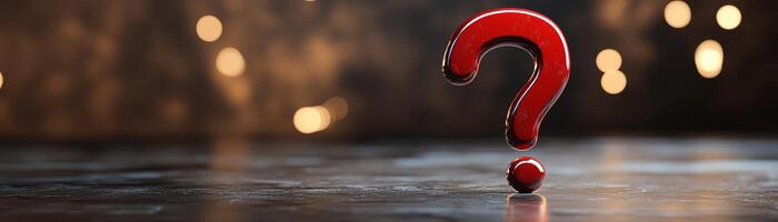 Red question mark on a dark reflective surface with warm bokeh lights in the background, symbolizing curiosity and inquiry. photo