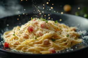 Pasta with tomato and parmesan cheese photo