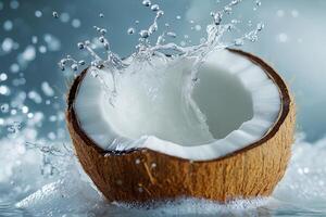 A coconut with water splashing photo