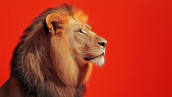 Majestic Lion Portrait Against Red Background photo