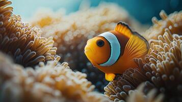 A clownfish swimming through anemones photo