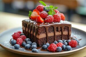 A piece of chocolate cake with berries and chocolate drizzle photo