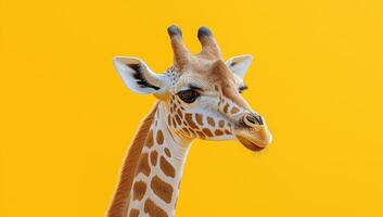 A giraffe is standing in front of a yellow background photo