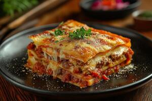 A plate of lasagna with meat and cheese photo