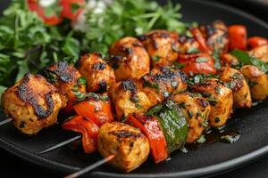 Chicken kebabs on a black plate with vegetables photo
