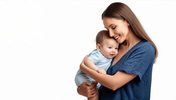 beautiful mother with her beautiful son on her lap on a white background photo