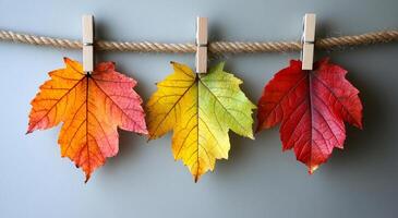 Three leaves are hanging from a string, one is yellow, one is orange, and one is red. The leaves are arranged in a row, with the yellow leaf in the middle and the orange and red leaves on either side photo