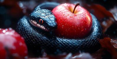 A black snake is curled around a red apple. The snake is surrounded by leaves and the apple is partially covered in water droplets. The image has a mysterious and eerie mood, as the snake photo