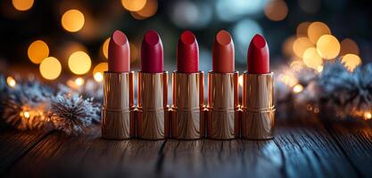 A row of five red lipsticks are displayed on a wooden table. The lipsticks are arranged in a row, with the first one on the left and the fifth one on the right photo