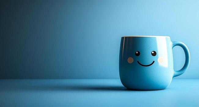 A blue mug with a smiling face on it sits on a blue table. The mug is the main focus of the image, and the blue background adds a sense of calmness and serenity to the scene photo