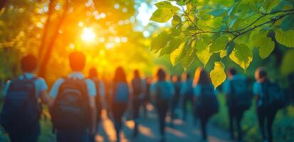 A group of people walking down a path with a tree in the background. The sun is shining brightly, creating a warm and inviting atmosphere. The people are carrying backpacks photo