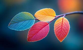 A colorful leaf with a blue background. The leaf is in the middle of the image and is surrounded by other leaves photo