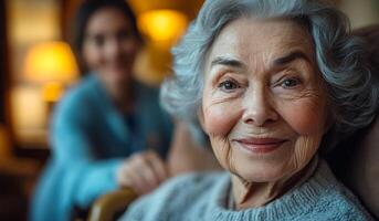 A woman with gray hair is smiling at the camera. She is sitting in a chair and she is happy photo