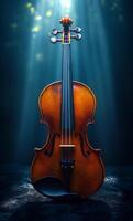 A violin is shown in a dark room with a bright light shining on it. Concept of mystery and intrigue, as the violin is the only object in the scene photo