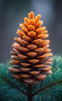 A pine cone is shown in a close up, with its scales and the tip of the cone visible. The pine cone is orange and he is freshly picked. Concept of natural beauty photo