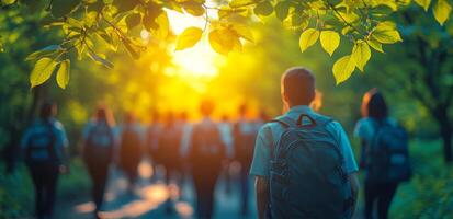 A group of people are walking in a forest, with one person wearing a backpack. The sun is shining brightly, casting a warm glow on the scene photo