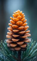 A pine cone is shown in a close up, with its scales frosted over. Concept of stillness and tranquility, as the pine cone appears to be frozen in time photo