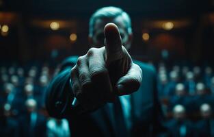 A man in a suit is pointing at something in the audience. Concept of importance and authority, as the man is dressed in a suit and he is directing attention to something photo