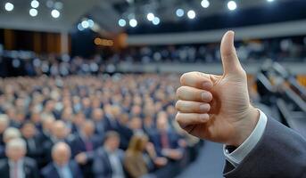 A man is giving a thumbs up in a large crowd. Concept of approval and positivity, as the man's gesture is universally recognized as a sign of approval photo