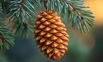 A pine cone is hanging from a tree branch. The pine cone is brown and has a pointy top photo