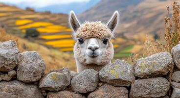 A white llama is looking at the camera through a stone wall. The scene is peaceful and serene, with the llama standing in front of a field of yellow flowers photo