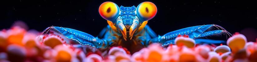 A blue bug with red eyes is staring at the camera. The bug is surrounded by red and orange objects photo